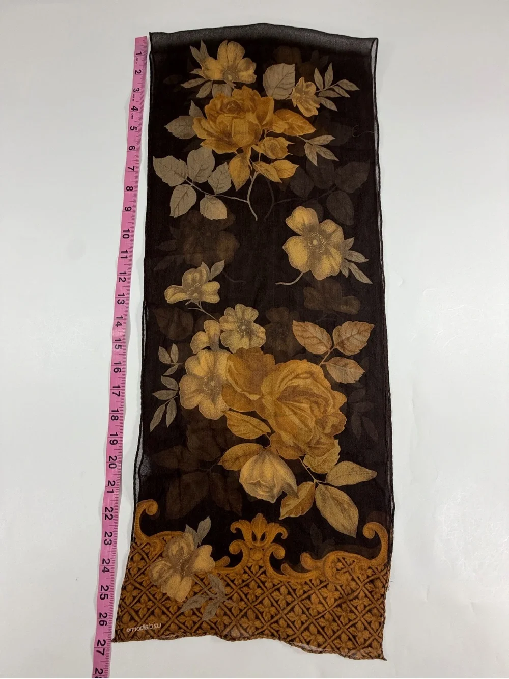 Liz Claiborne Floral Chiffon Scarf Brown Gold Sheer Rose Print 54x12